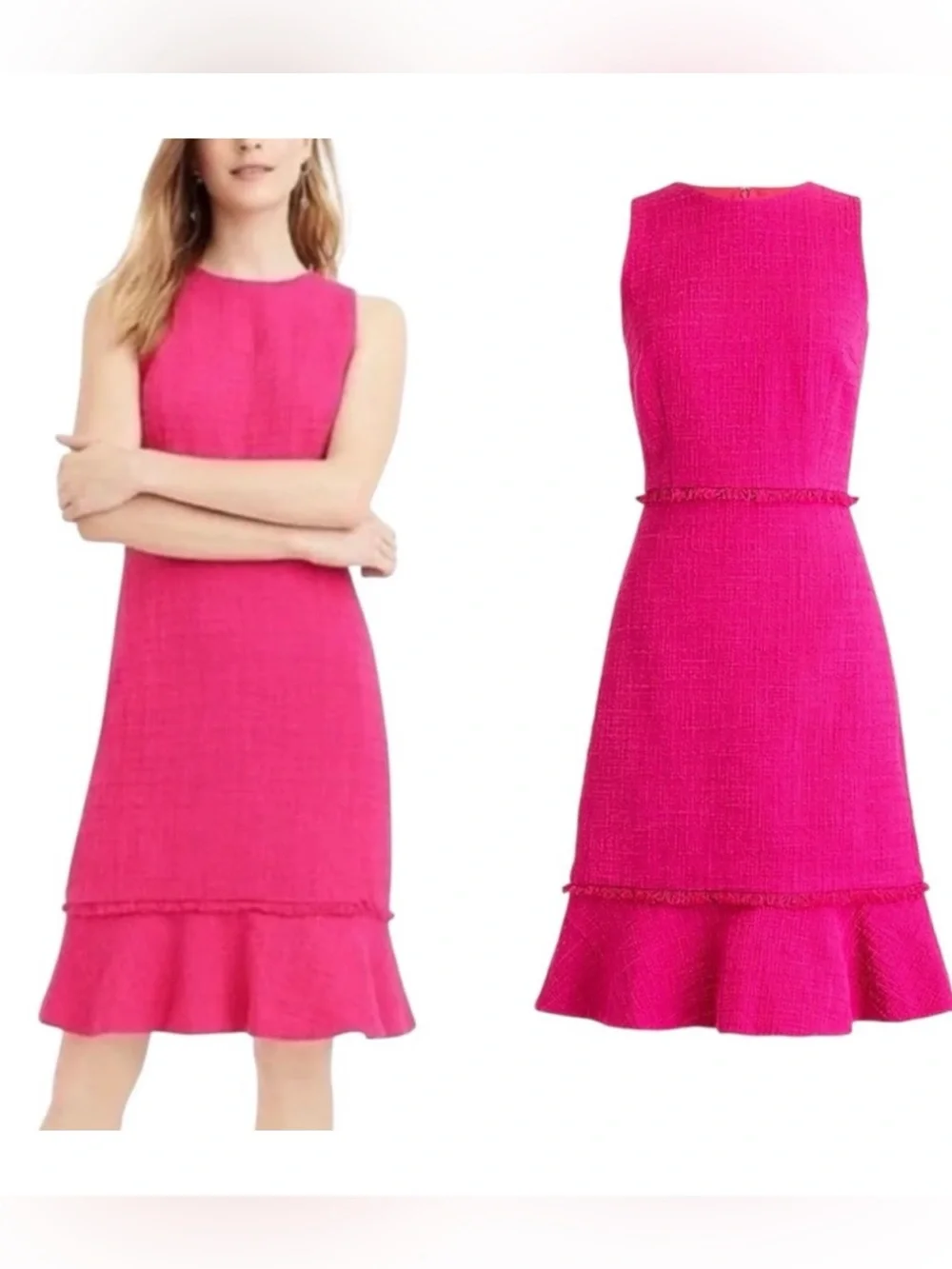 J. CREW | Pink Fluted hem A-line Dress in Textured Cotton Tweed Sz. 8 Tall